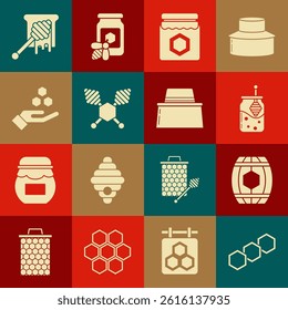 Set Honeycomb, Wooden barrel with honey, Jar of and dipper stick, hand, dripping and Beekeeper protect hat icon. Vector