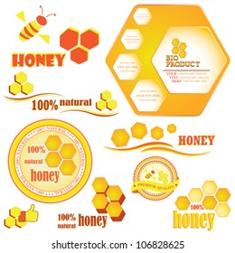 Set of honeycombs and bee  badges and labels. Vector illustration
