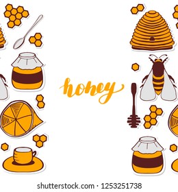 Set of honeycombs, beehive, bee, lemon, honey, tea, honey spoon, lettering, beekeeping illustration. Vector EPS10. Flyer for honey shop.