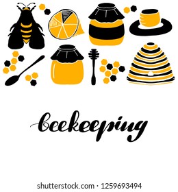 Set of honeycombs, beehive, bee, lemon, honey, tea, honey spoon illustration. Inspirational lettering inscription beekeeping. Vector EPS10. 