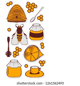 Set of honeycombs, beehive, bee, lemon, honey, tea, honey spoon, beekeeping illustration with copyspace. Vector EPS10. Flyer for honey shop.
