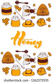 Set of honeycombs, beehive, bee, lemon, honey, tea, honey spoon, lettering, beekeeping illustration. Vector EPS10. Flyer for honey shop.