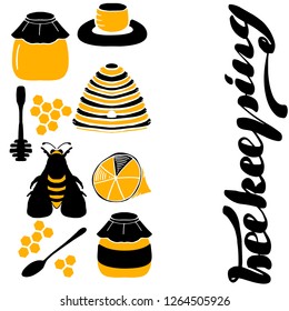 Set of honeycombs, beehive, bee, lemon, honey, tea, honey spoon illustration. Inspirational lettering inscription beekeeping. Vector EPS10. 