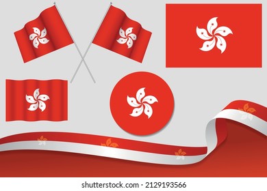 Set Of hong kong Flags In Different Designs, Icon, Flaying Flags With ribbon With Background. Free Vector
