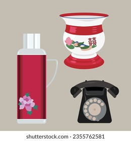 Set of Hong Kong old vintage style. Hot water bottle, telephones and Spittoon. Colorful traditional  item vector.