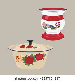 El estilo antiguo de Hong Kong. Cuencos de porcelana tradicionales chinos coloridos y Spittoon. Colorido vector de elementos tradicionales.