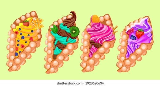 Set of Hong Kong waffles with ice cream fruits and berries. Vector illustration.
