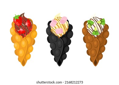 Set of Hong Kong waffles on an isolated background. Classic bubble wafer, chocolate and black bubble wafer. Bubble waffles with different tastes: strawberry, marshmallow, kiwi.