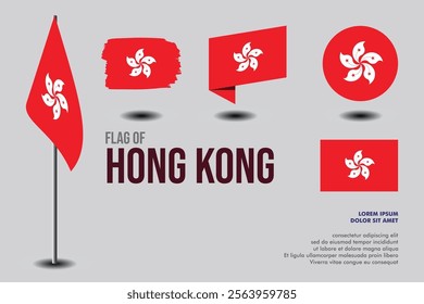 Set of Hongkong flag in 5 designs: flag on pole, brush stroke, skew, round and standard. vector, flat, isolated on grey background