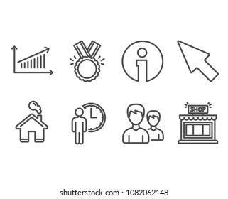 Set of Honor, Chart and Waiting icons. Couple, Mouse cursor and Shop signs. Medal, Presentation chart, Service time. Two male users, Click arrow, Store.  Information and Home design elements. Vector
