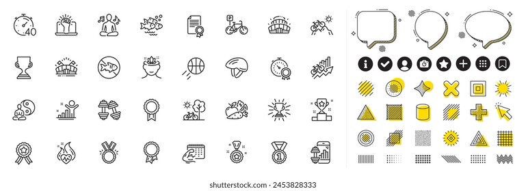 Set of Honor, Timer and Best rank line icons for web app. Design elements, Social media icons. Yoga, Sports arena, Best result icons. Bicycle parking, Bicycle helmet, Winner signs. Vector