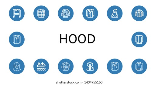Set of hood icons such as Sweatshirt, Anorak, Jacket, Executioner, Bumper, Bath robe, Cobra, Hoodie , hood