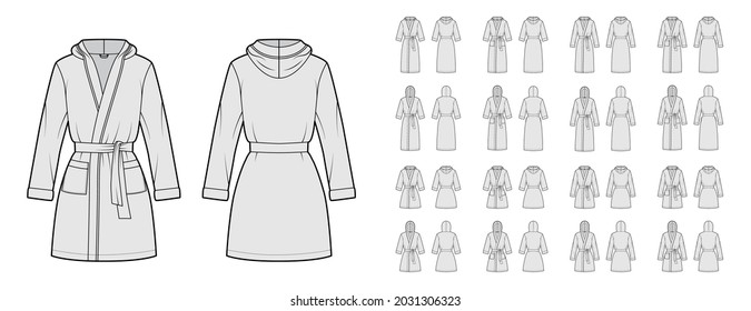 Set of Hooded Bathrobes Dressing gowns technical fashion illustration with wrap opening, mini knee length,, tie, pockets, long elbow sleeves. Flat garment front, back grey color. Women, men CAD mockup
