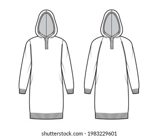 Set of Hooded dresses Sweaters technical fashion illustration with henley neck, long raglan sleeves, relax fit, knee length, rib trim. Flat apparel front, white color. Women, men unisex CAD mockup