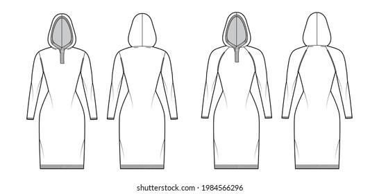 Set of Hooded dresses Sweaters technical fashion illustration with henley neck, long raglan sleeves, slim fit, knee length, knit rib trim. Flat apparel front, back, white color. Women, men CAD mockup