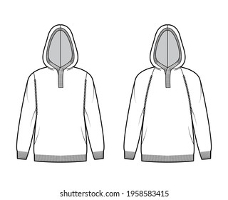 Set of Hooded Sweaters technical fashion illustration with henley neck, long raglan sleeves, oversized, hip length, knit rib trim. Flat apparel front, white color style. Women, men unisex CAD mockup