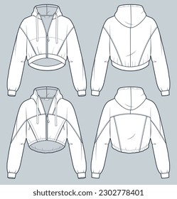 Set of Hooded Sweatshirt technical fashion illustration. Batwing Sleeve Crop Hoodie fashion flat technical drawing template, zip-up, front and back view, white, women, men, unisex cad mockup set.