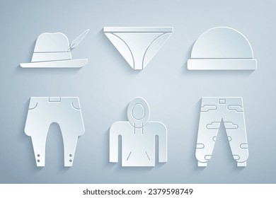 Set Hoodie, Beanie hat, Pants, Camouflage cargo pants, Men underpants and Oktoberfest icon. Vector