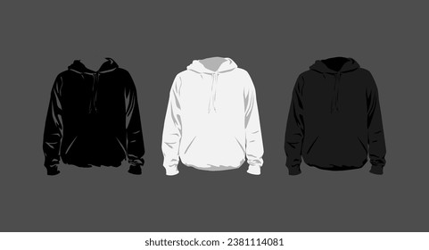 set of hoodie with black, white color, and silhouette style, isolated on grey background, vector flat illustration.