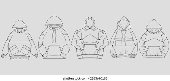 Set of hoodie oversized outline drawing vector, hoodie oversized in a sketch style, trainers template outline, vector Illustration
