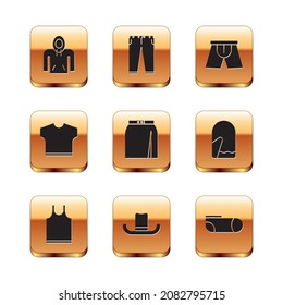 Set Hoodie, Sleeveless T-shirt, Man hat, Skirt, Men underpants, Sport socks and Pants icon. Vector