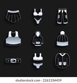 Set Hoodie, Swimsuit, Sweater, Winter hat, Belt, Undershirt, Pants and Skirt icon. Vector