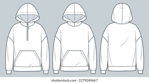 Conjunto de ilustración de moda técnica de Hoodie. Camisas sudaderas encapuchadas estilo planas de dibujo técnico, bolsillo, cremallera, vista frontal y trasera, blanco, mujeres, hombres, conjunto de maquillaje CAD unisex.