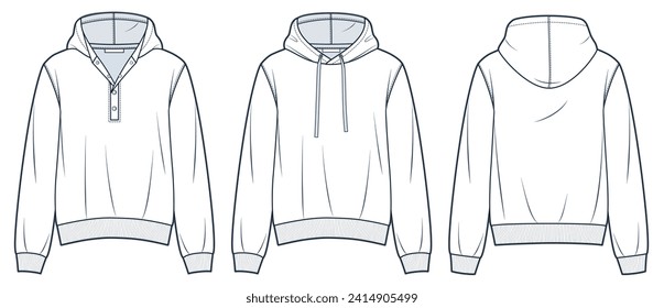 Conjunto de ilustración de moda técnica de Hoodie. Moda de sudaderas planas de dibujo técnico, cierre de botón, ajuste relajado, vista frontal y trasera, blanco, mujeres, hombres, maquillaje de CAD superior unisex.