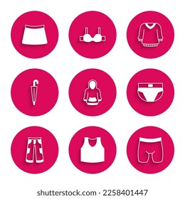 Set Hoodie, Undershirt, Cycling shorts, Men underpants, Pants, Umbrella, Sweater and Skirt icon. Vector