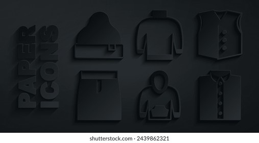 Set Hoodie, Waistcoat, Skirt, Shirt, Sweater and Beanie hat icon. Vector