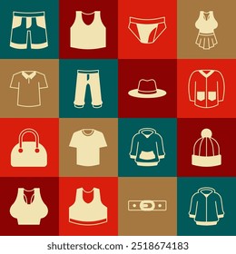 Set Hoodie, Winter hat, Sweater, Men underpants, Pants, Shirt, Short or and Man icon. Vector
