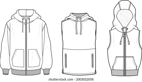 set of hoodies sleeveless and long sleeve sweatshirts, mockup template, vector illustration, isolated on white background. 