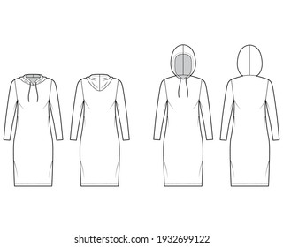 Set Hoody dresses technical fashion illustration with long sleeves, knee length, oversized body, Pencil fullness. Flat sweatshirt apparel template front, back white color. Women, men unisex CAD mockup