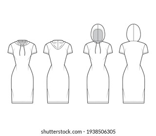 Set of Hoody dresses technical fashion illustration with short sleeves, knee length, fitted body, Pencil fullness. Flat apparel template front, back, white color style. Women, men, unisex CAD mockup