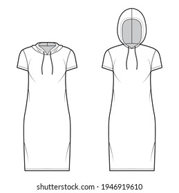 Set of Hoody dresses technical fashion illustration with short sleeves, knee length, oversized body, Pencil fullness. Flat apparel template front, white color style. Women, men, unisex CAD mockup