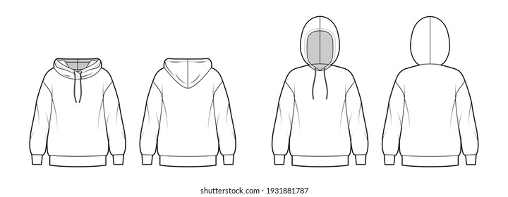 Set of Hoody sweatshirt technical fashion illustration with long sleeves, oversized body, knit rib cuff, banded hem. Flat apparel template front, back, white color style. Women, men, unisex CAD mockup
