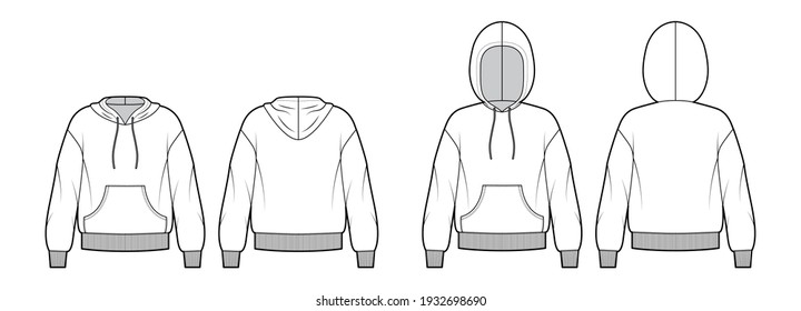 Conjunto de sudaderas Hoody ilustración técnica de moda con mangas de codo, cuerpo relajante, bolsa de canguro, cuchara de costilla de punto, golpeadas. Plano frontal de la plantilla, reverso, color blanco. Mujeres, hombres, CAD unisex