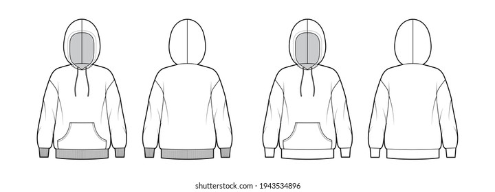 Set of Hoody sweatshirt technical fashion illustration with long sleeves, oversized body, kangaroo pouch, knit cuff. Flat extra large template front, back, white color. Women, men, unisex CAD mockup
