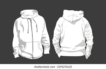 Set of Hoody sweatshirt technical fashion illustration with elbow sleeves, relax body, banded hem, drawstring. Flat apparel template front, back, white color style. Women, men, unisex CAD mockup