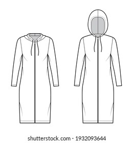 Set Hoody zip-up dresses technical fashion illustration with long sleeves, knee length, oversize body, Pencil fullness. Flat sweatshirt apparel template front, white color. Women men unisex CAD mockup