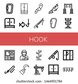 Set of hook icons such as Carabiner, Wardrobe, Fishing, Worm, Fishing rod, Pulley, Coat stand, Fisherman, Hook, Crane, Hooks , hook