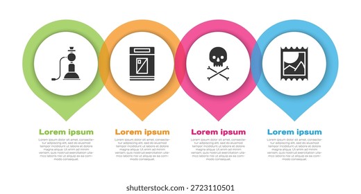 Set Hookah, caja de paquete de cigarrillos, cráneo en huesos cruzados y marca de ácido LSD. Plantilla de infografía de negocios. Vector