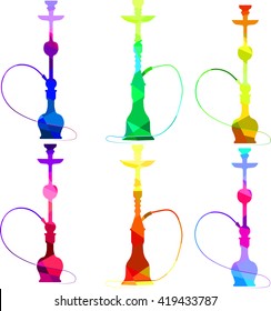 Set of hookah colorful polygon vector silhouettes: icons, templates, labels in six different color schemes 