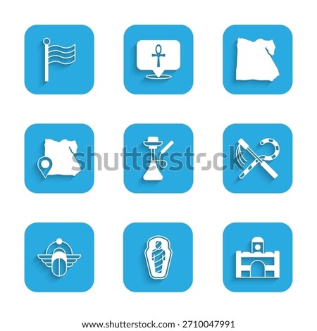Set Hookah, Egypt mummy in sarcophagus, Egyptian house, Crook and flail, Scarab, Map of,  and Flag Of icon. Vector
