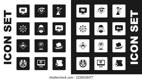 Set Hookah, Egyptian man, Sun, Flag Of, pyramids, Eye of Horus, ship and Scarab icon. Vector