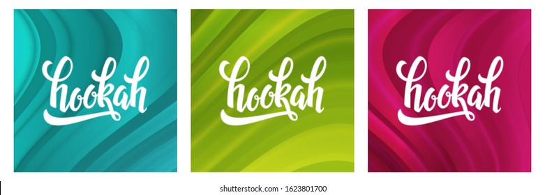 Set of Hookah handwritten lettering logos. Vector posters with hand drawn hookah typography and blurred stripes backgrounds. Colorful stickers for hookah lounge or bar