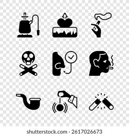 Set Hookah, Heartbeat increase, Hand with smoking cigarette, No pipe, Hypnosis, Broken, Bones skull and Healthy breathing icon. Vector
