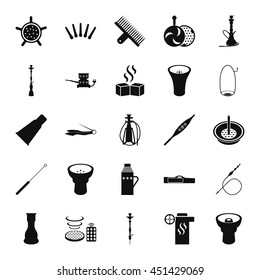 Set of hookah icons. Waterpipes, tobacco, charcoal and accessories icon set on background