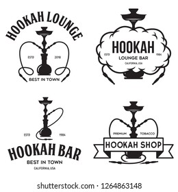 Set of hookah labels, badges and design elements. Hookah club. Shisha bar. Hookah lounge logo. Hookah pipes. Vector vintage illustration.