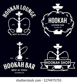 Set of hookah labels, badges and design elements. Hookah club. Shisha bar. Hookah lounge logo. Hookah pipes. Vector vintage illustration.